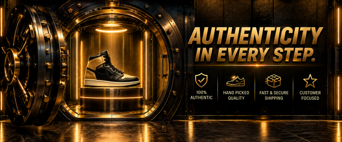 A black and white high-top sneaker displayed inside a glowing vault-like circular opening, with large gold text reading 'AUTHENTICITY IN EVERY STEP' and four feature icons on the right. No person or real environment is present; this is a stylized promotional product scene, so Product/Packaging fits better than Lifestyle or Other.